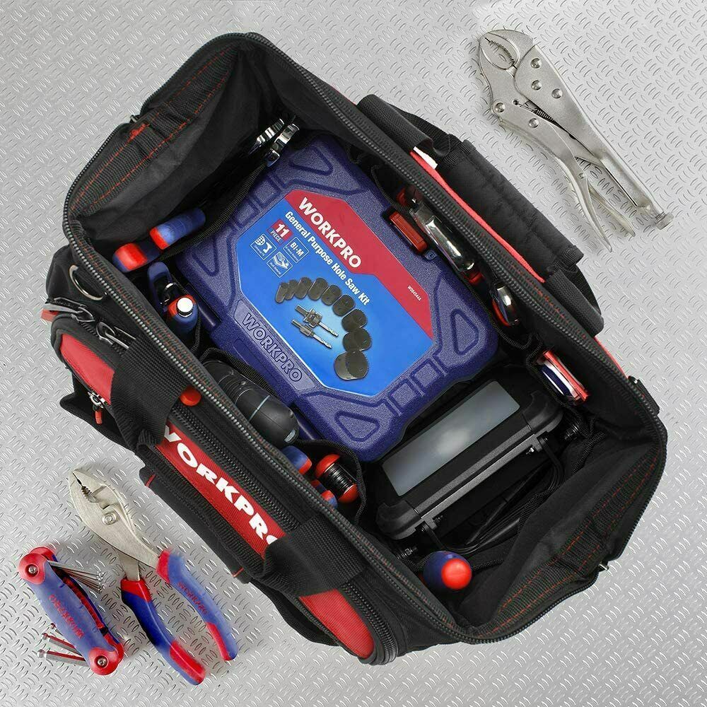 WORKPRO 16″ Wide Mouth Heavy Duty Tool Bag Tool Tote Storage 40Pocket Zipper Bag