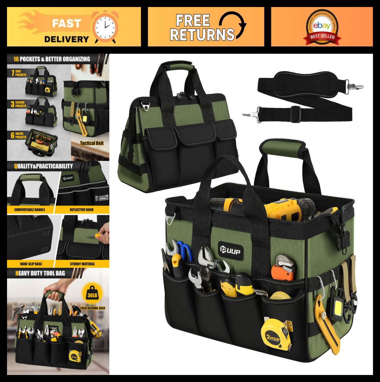 15″ Heavy Duty Tool Bag – 16 Pocket Portable Organizer, Large Zipper Toolbox, Gi