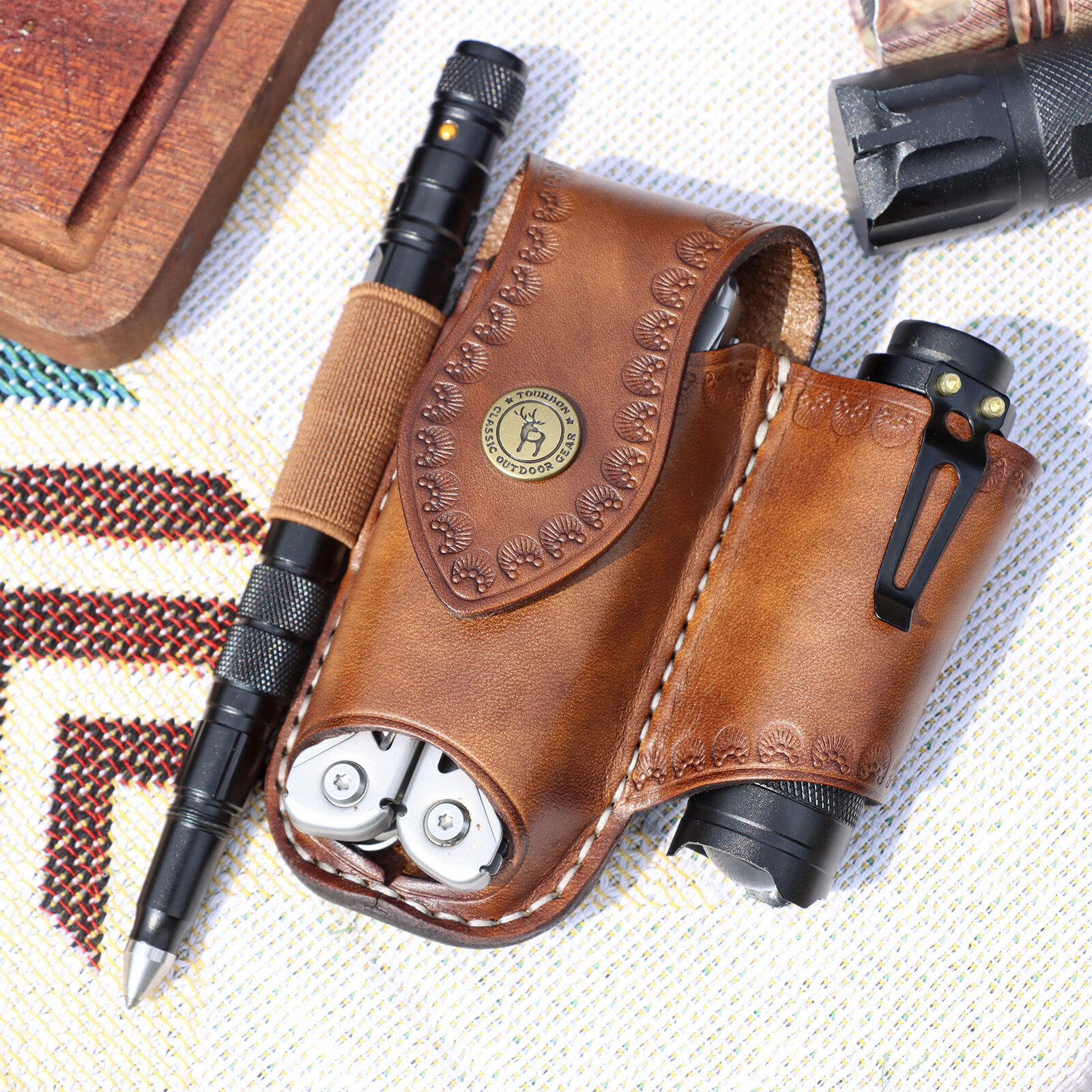 Tourbon 3-Way Tool Carrier Belt Pouch Folding Knife/Flashlight/Pencil Holster US