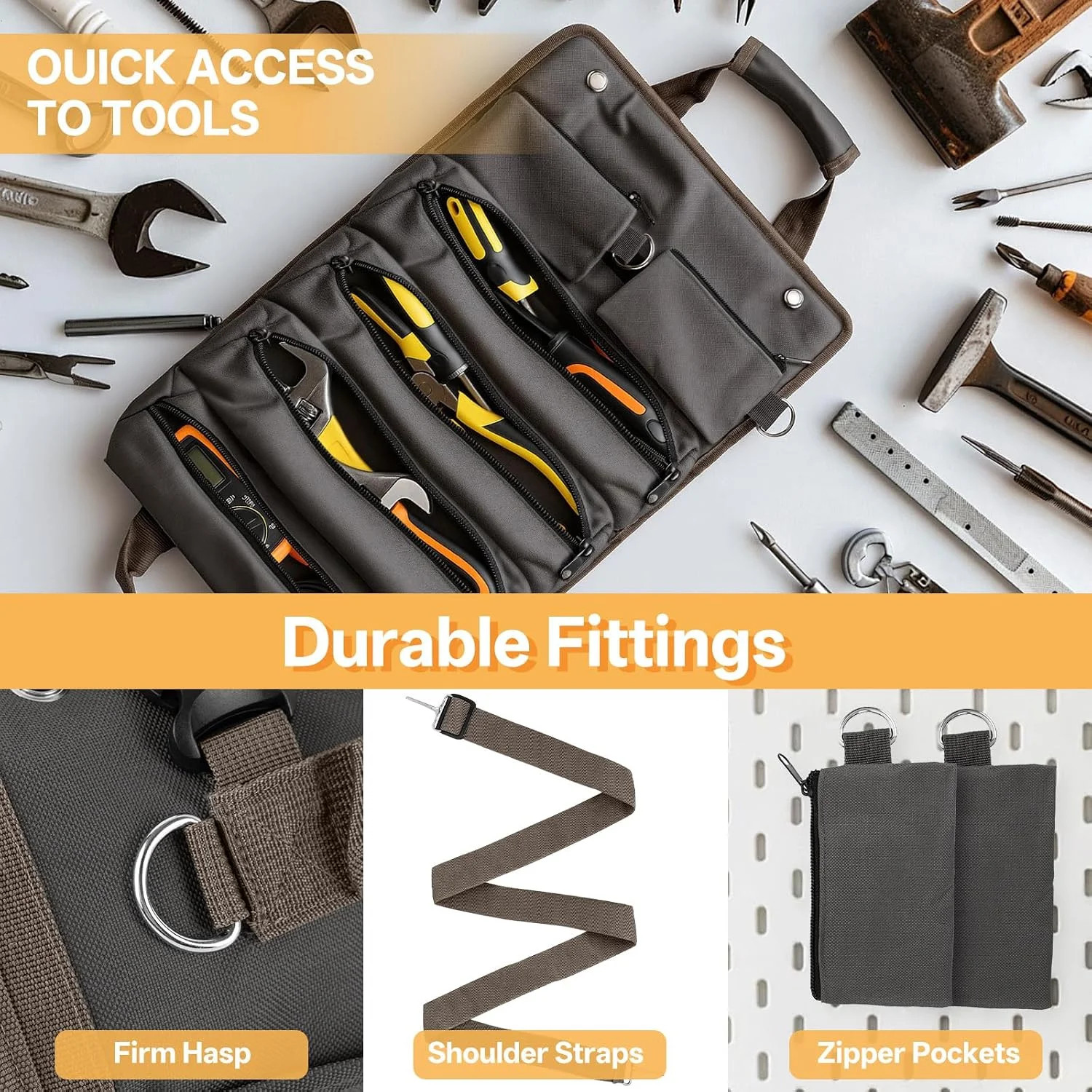 Roll Up Tool Bag for Men, Portable Tool Organizer with 4 Pouches Tool Roll and 2