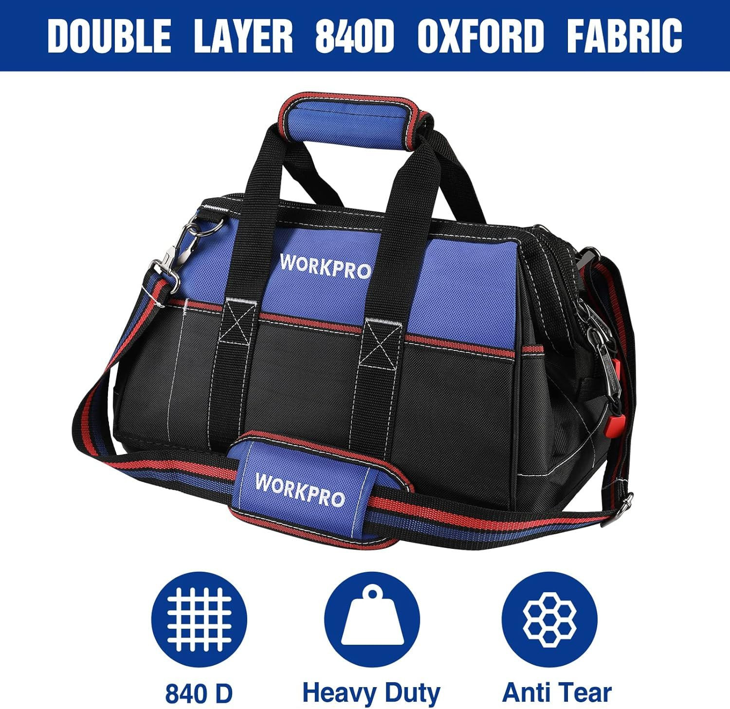 WORKPRO 16-inch Wide Mouth Tool Bag, Heavy Duty Cloth Black, Blue, Red