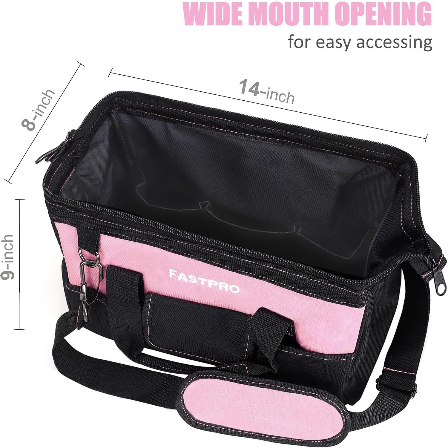 14-Inch Pink Tool Bag for Women, Zip-top Wide Mouth Open Tool Organizer, with…