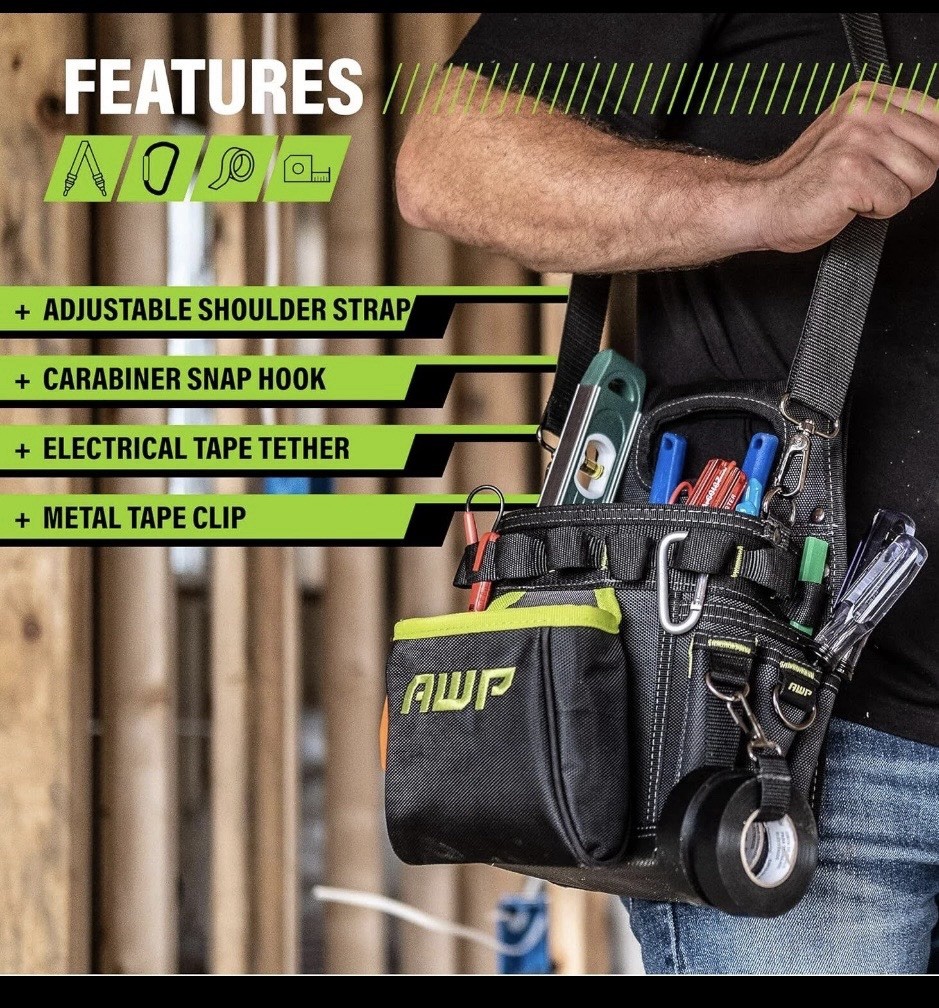 AWP TrapJaw 3-in-1 Electrician Tool Pouch, Adjustable Strap, Black/Green