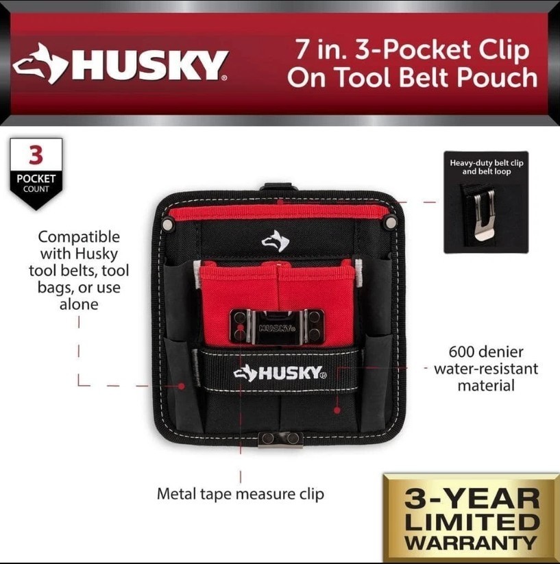 Tool Belt Pouch 7 in- 3 Pocket Clip On -Water Resistant Heavy Duty Storage Husky