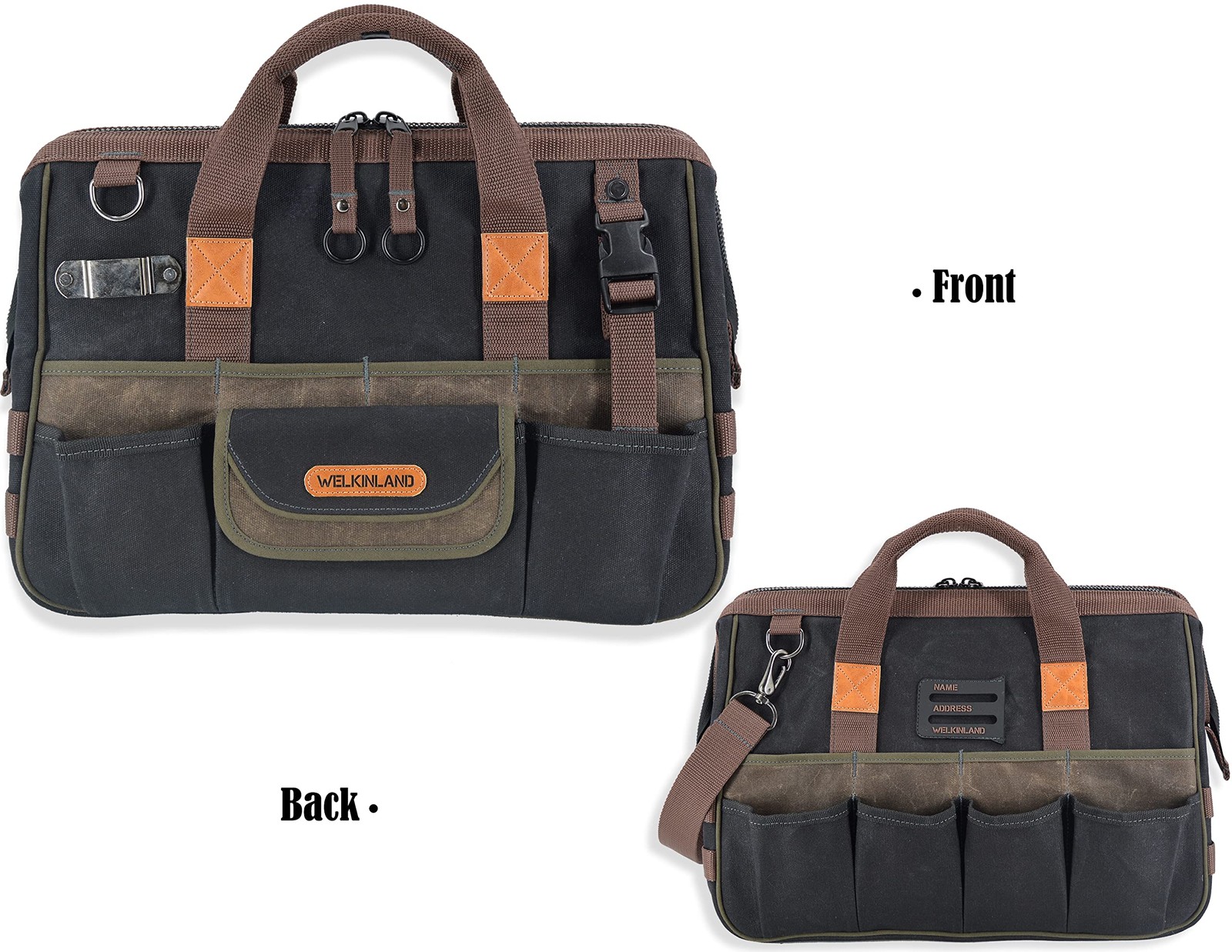 WELKINLAND 32-Pockets Waxed Canvas tool bag Heavy-Duty Electrician tools bag