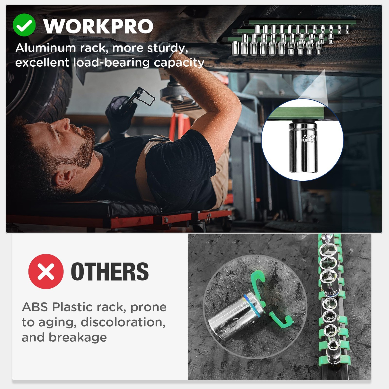 WORKPRO Magnetic Socket Organizer, 1/4-Inch Drive Aluminum 1/4″ DR, Green