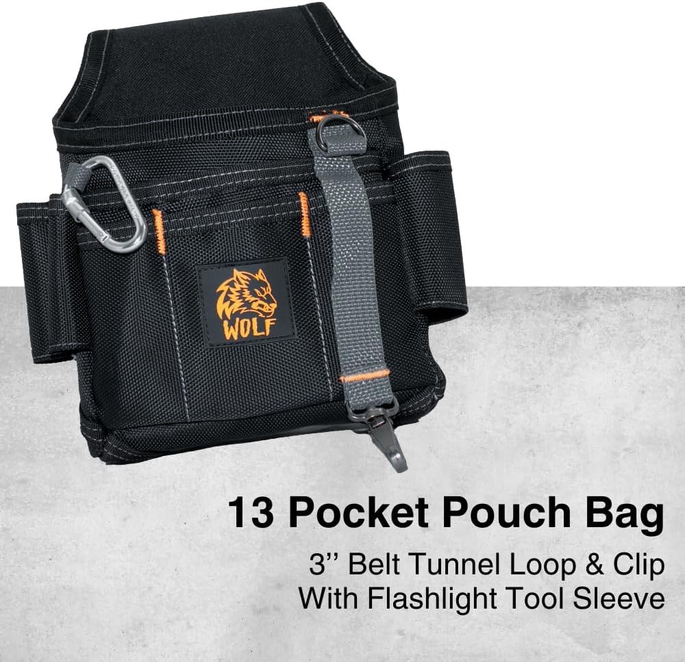 Wolf 13-Pocket Tool Pouch, Heavy-Duty Ballistic Nylon, Clip & Belt Loop, Black