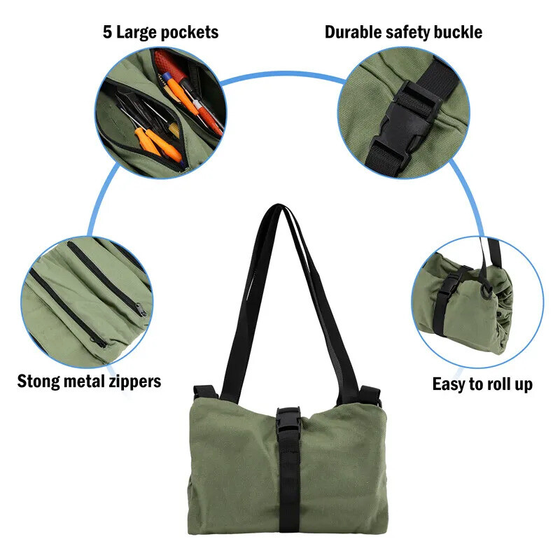 Multi-Purpose Tool Roll Up Bag Wrench Pouch Canvas Hanging Organizer w/ 5 Pocket