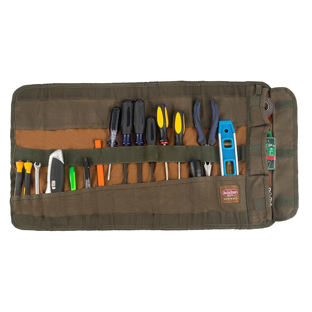 Heavy Duty Canvas Tool Roll Organizer with 25 Pockets and Quick Release Buckles
