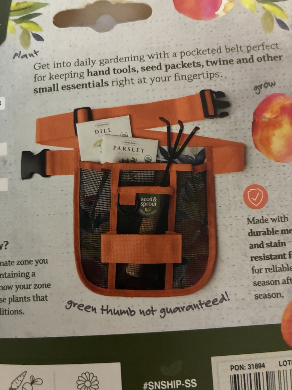 Seed & Sprout Gardening Tool Belt, Durable Mesh, Pockets , Util. Conn, Peach