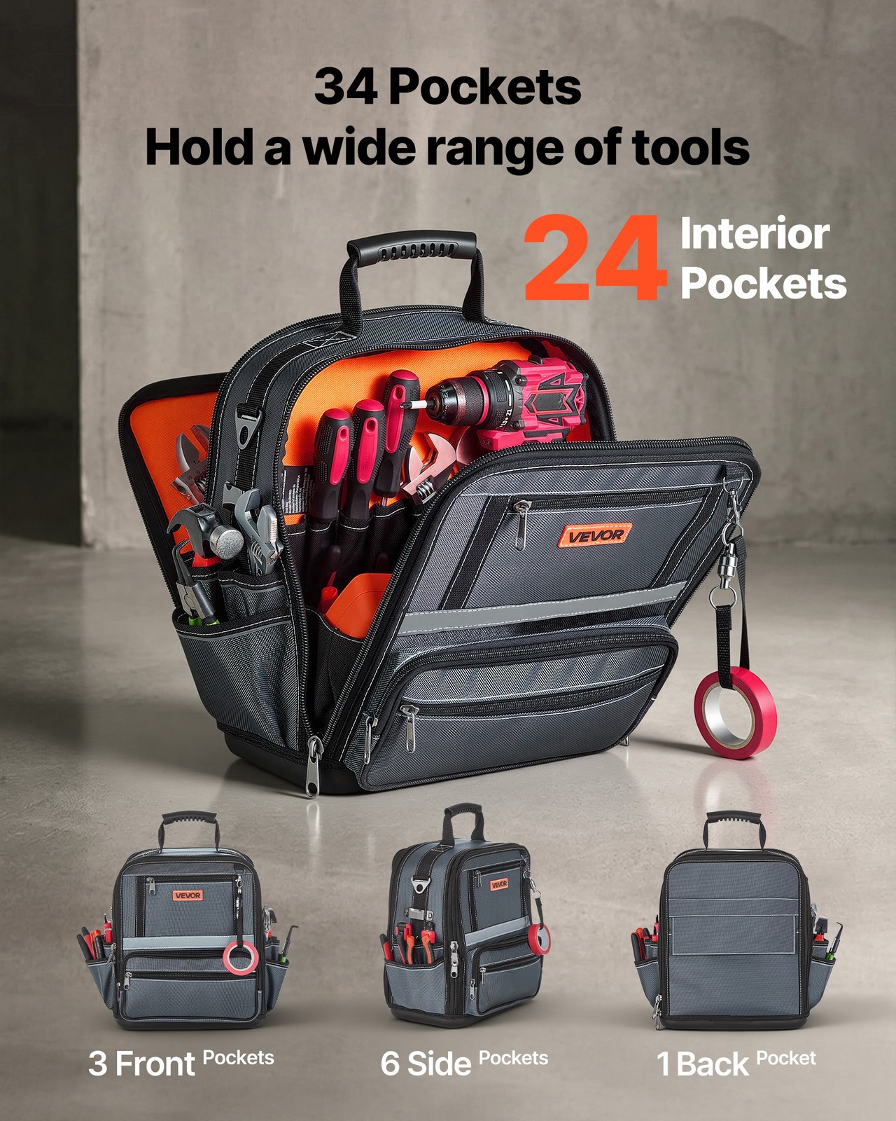 VEVOR Tool Bag 13.2 Inch 34-Pocket Portable Large Tool Box Organizer with Base