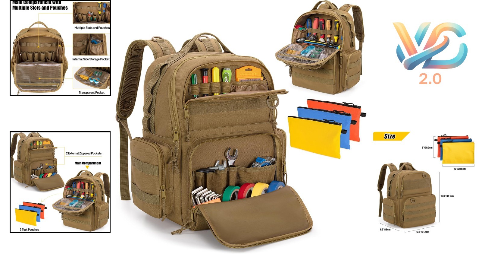 Khaki Heavy-Duty Tool Backpack with 3 Pouches for Electrician Repairmen