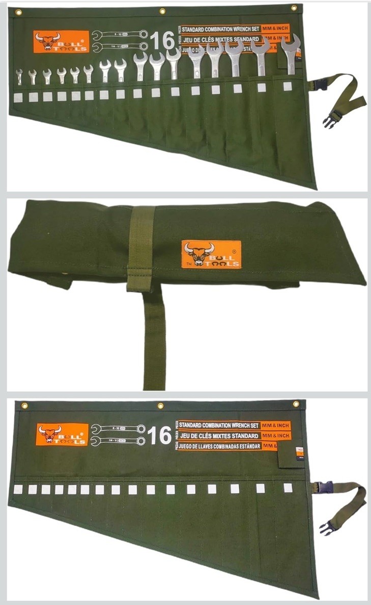 BULL TOOLS Roll Up Tool Bag Organizer 16 Pockets Metric & SAE Wrench