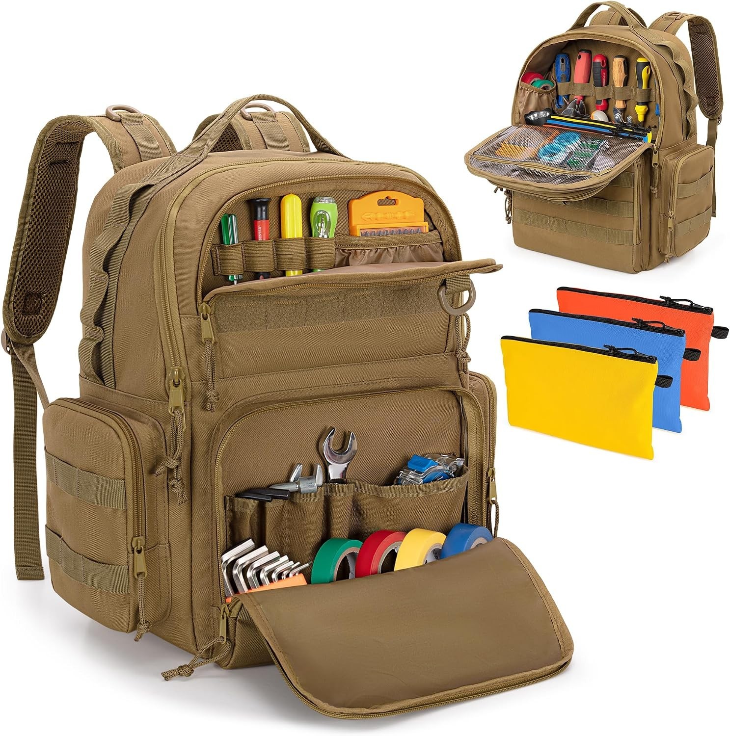 Khaki Heavy-Duty Tool Backpack with 3 Pouches for Electrician Repairmen