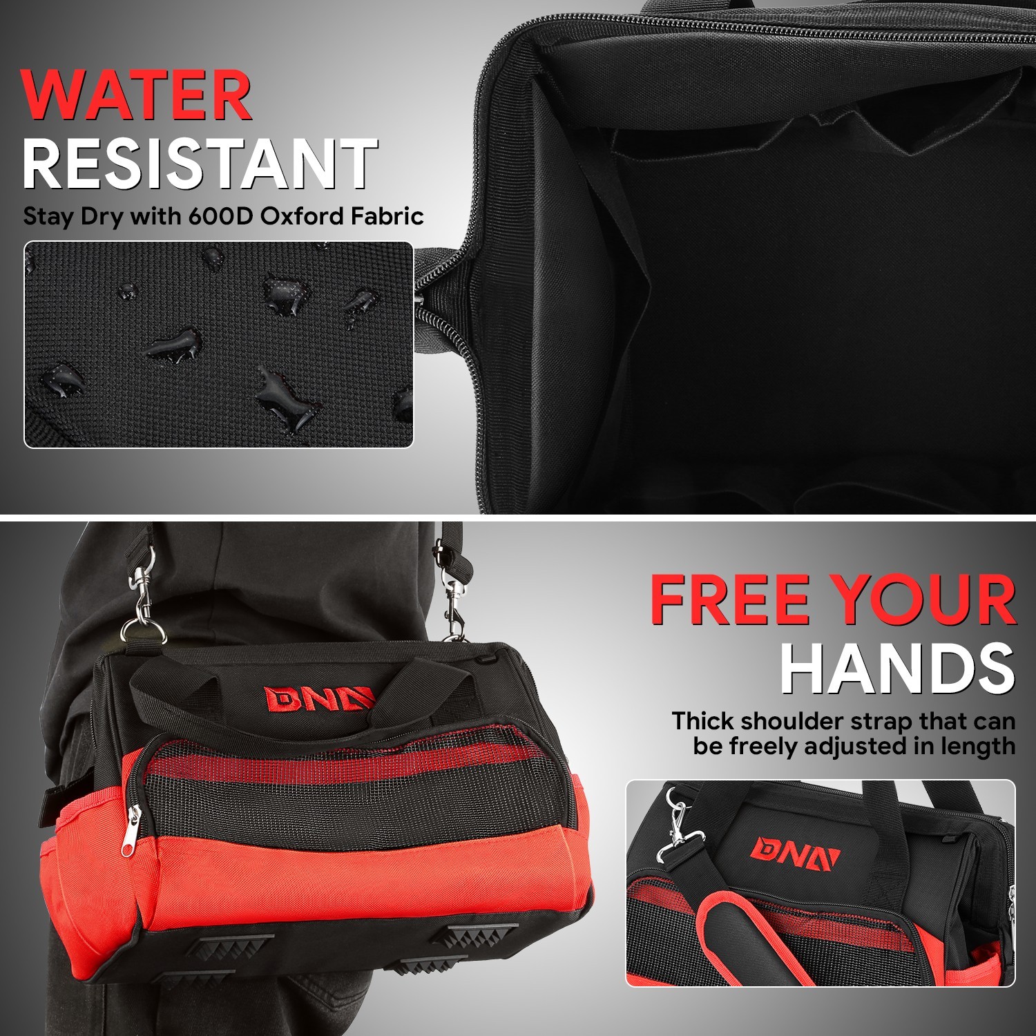 12.2″Lx7.8″Wx9.4″H 600 Oxford Waterproof Tool Bag w/ Adjustable Shoulder Strap