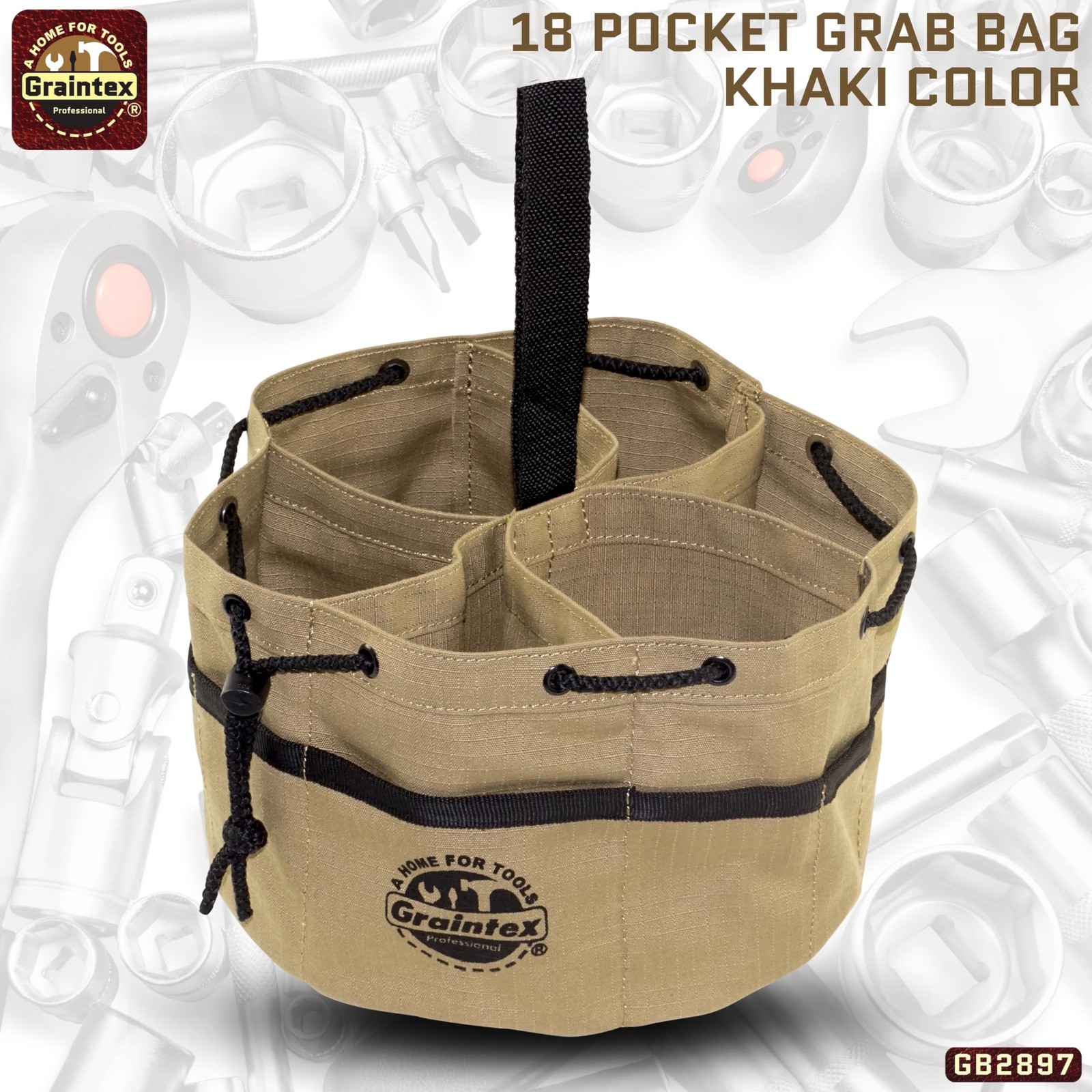 Graintex 18 Pockets Grab Bag Rip-stop Canvas Drawstring Mid Size, Khaki