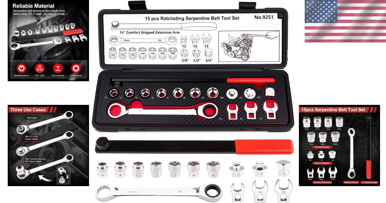 15PCS Chrome Vanadium Serpentine Belt Tool Set for Easy Automotive Maintenance