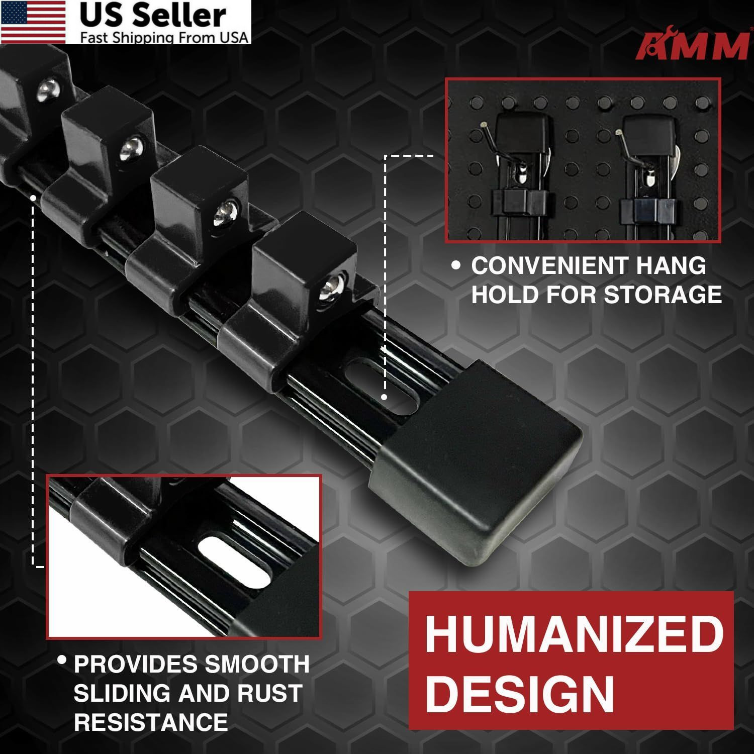 AMM 9-Piece Socket Organizer, 1/2 inch, 3/8 inch and 1/4 9PC, BLACK