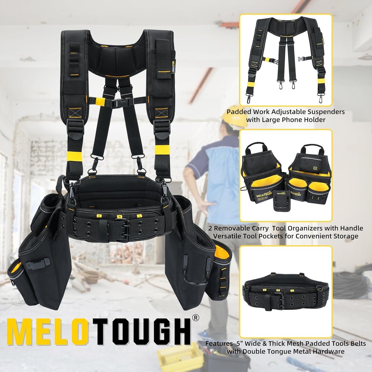 MELOTOU Heavy Duty Tool Belt Pouches Build Suspender Electrician Carpenter Strap