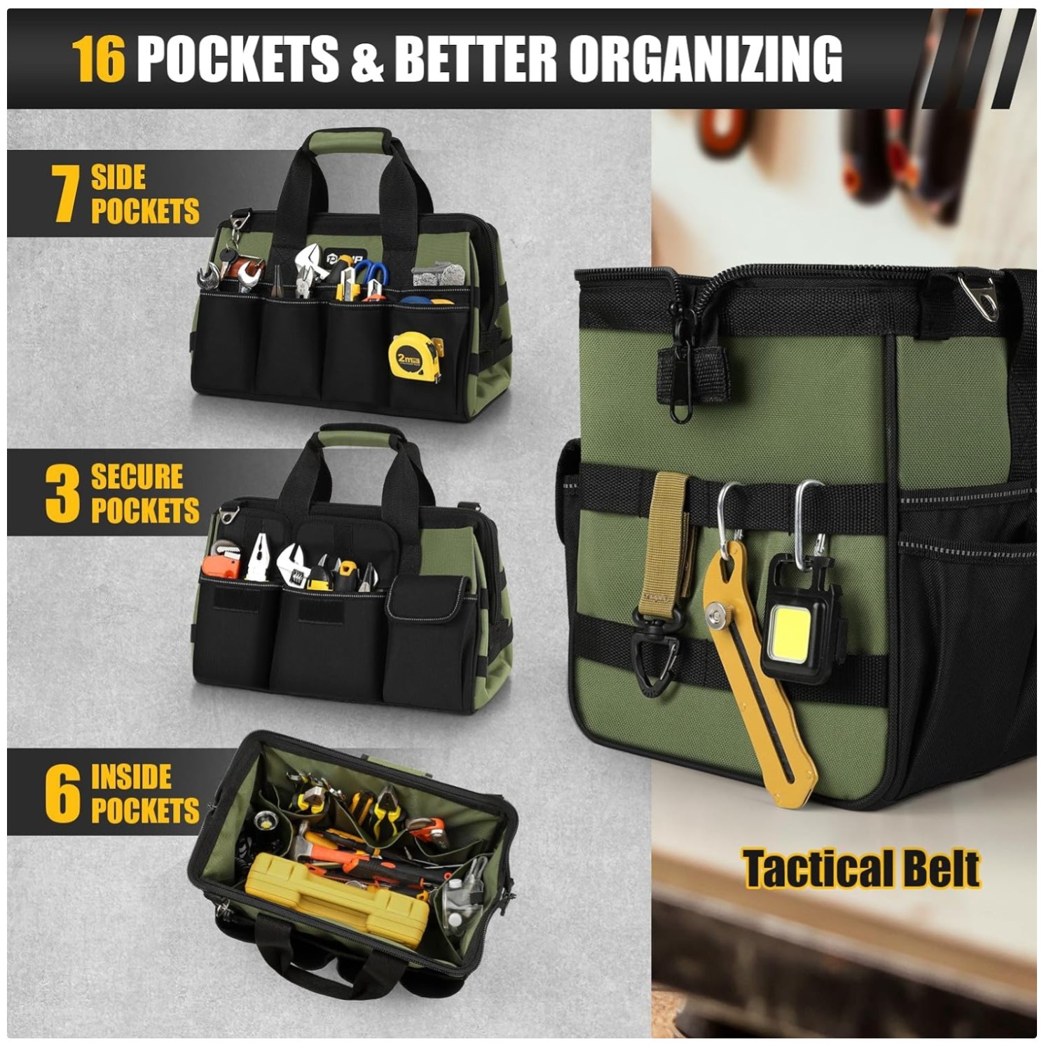 Large Green Tool Box 16-Pocket Organizer