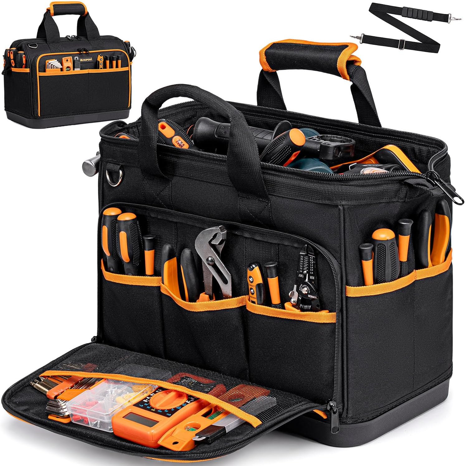 17″ Electrician Tool Bag – 26 Pockets, Waterproof Base, Adjustable Strap