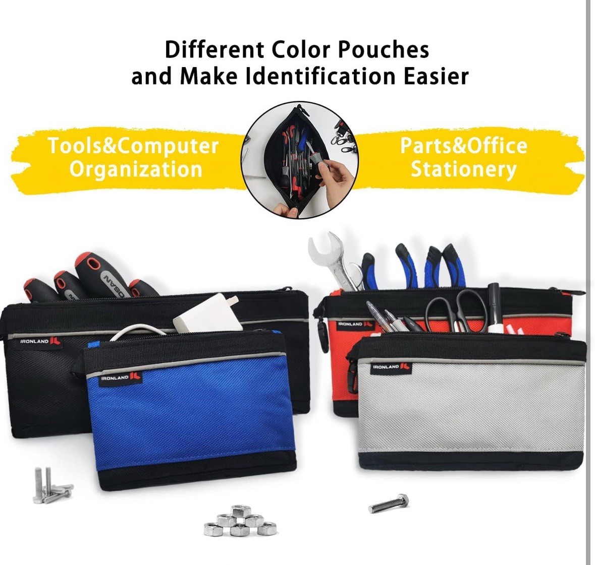Small Tool Pouches with Zipper Premium Small 4 Pack Combo Black,Red,Grey,Blue