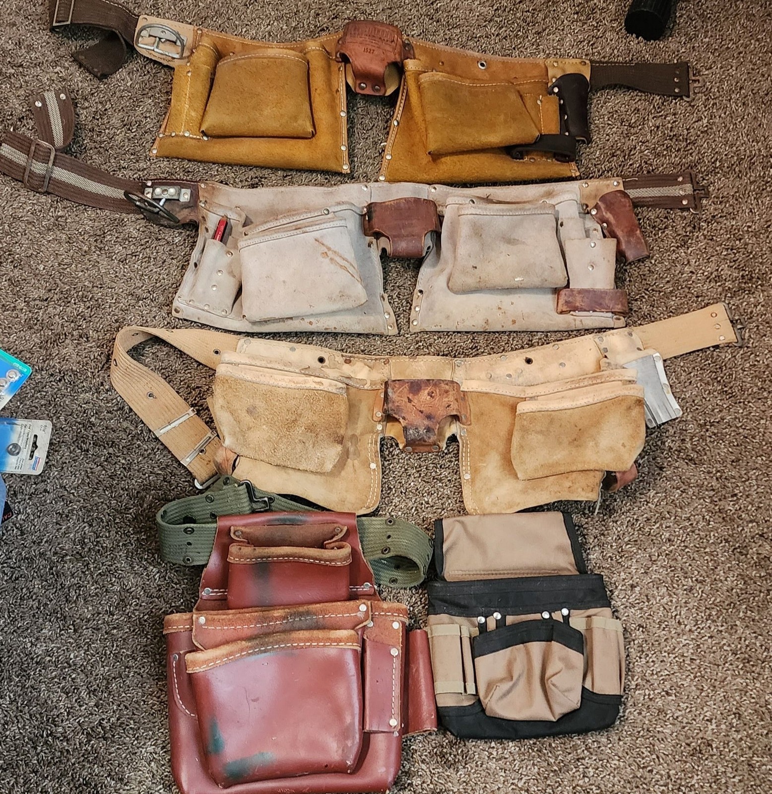 Lot of 5 Assorted Professional Leather, hide, and Canvas Tool Belts and Pouches