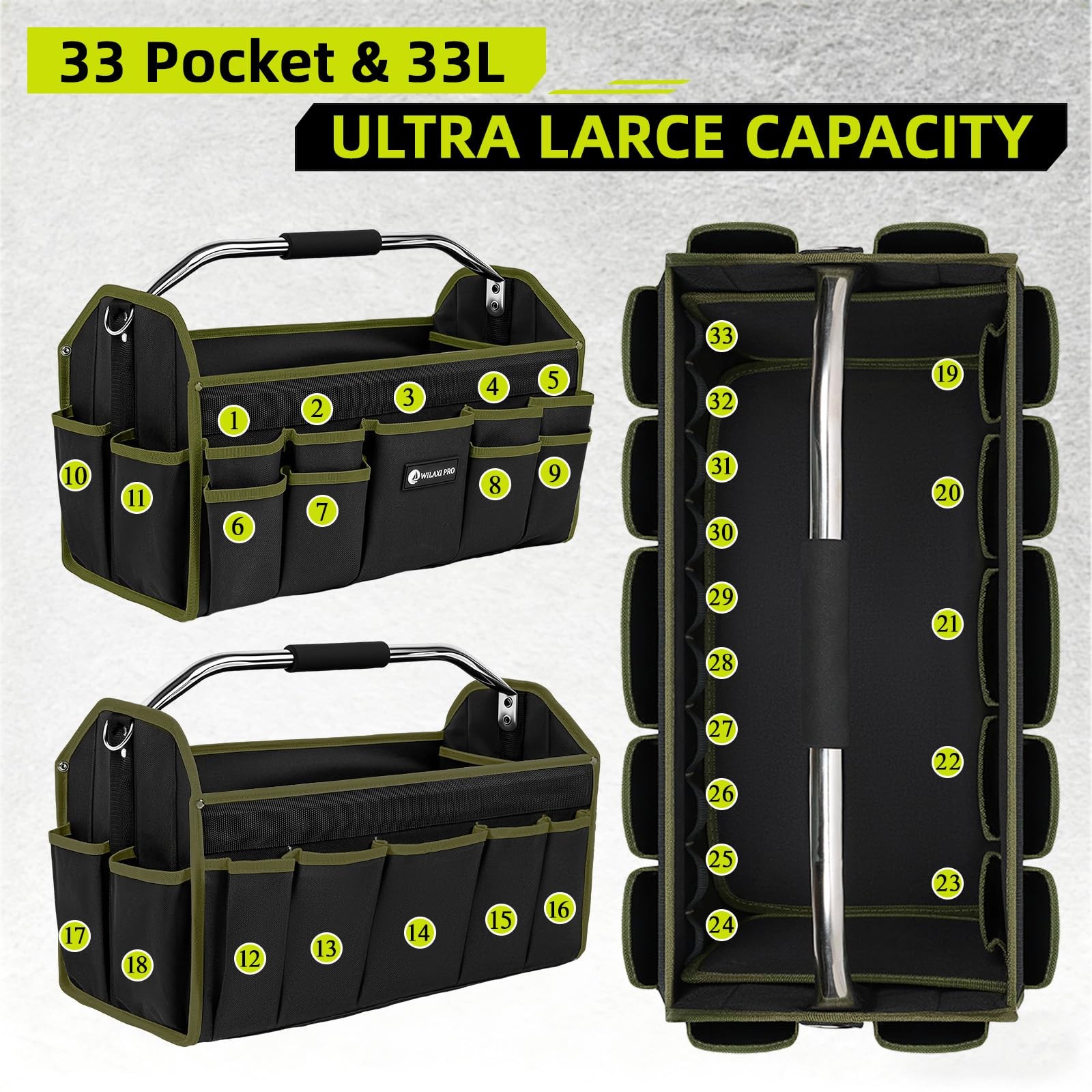 20in Foldable Open Top Tool Bags For Men Heavy Duty Hard Handle Green Tote
