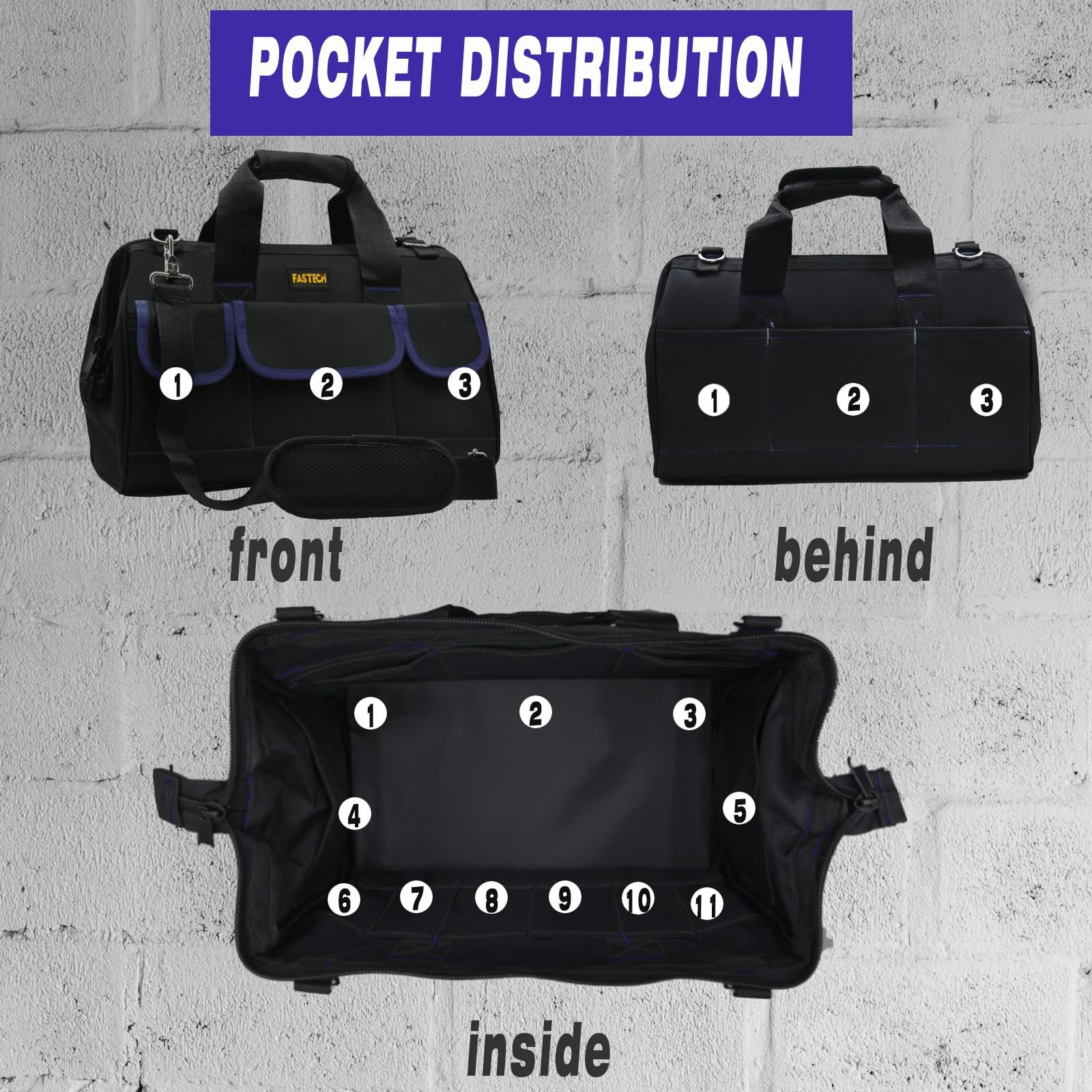 20 Inch Tool Bag Waterproof Wide Mouth Kit Heavy Duty Organizer Dark Blue