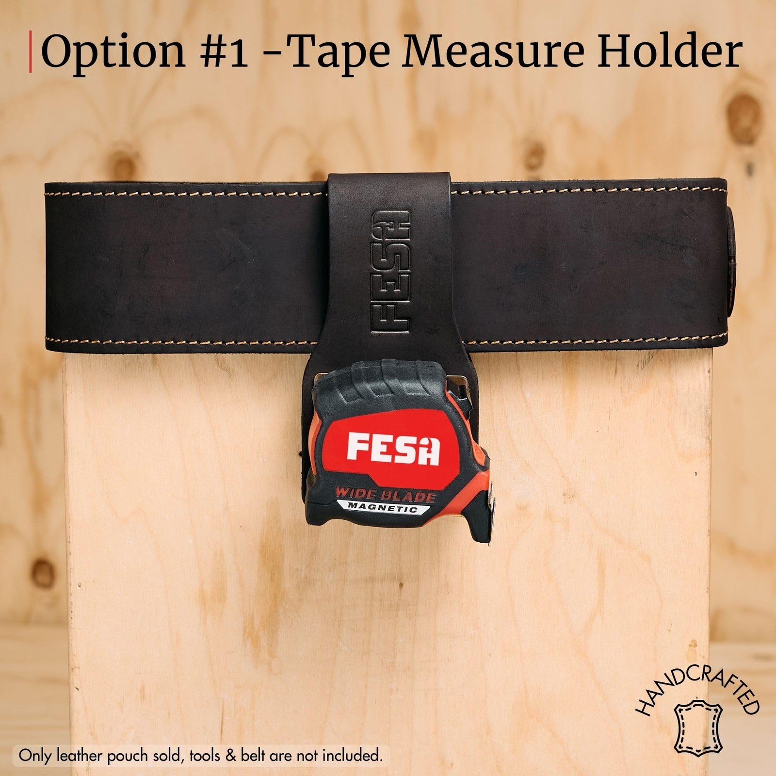 Leather Tape Measure Holder Grain Tool Belt Steel Clip Fits Belts up 3″ Brown