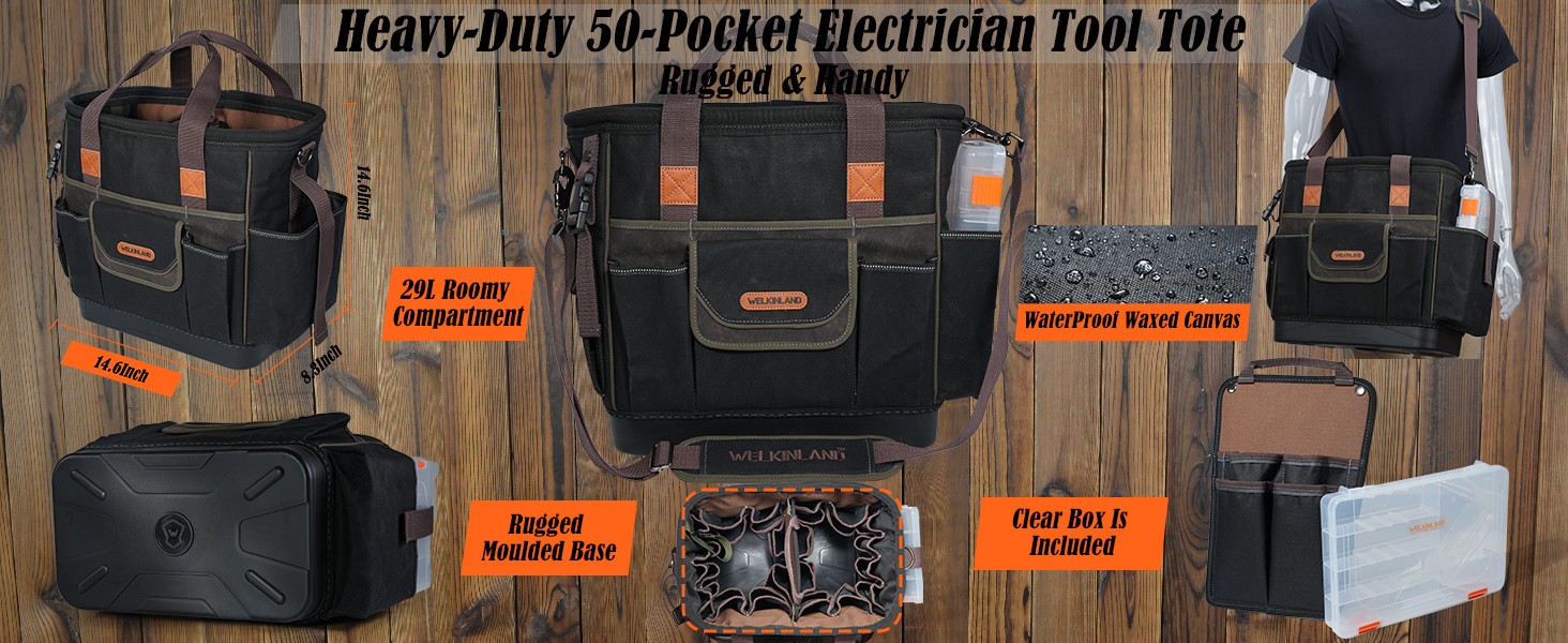 WELKINLAND 50-Pocket Tool Tote, 14″ Hard Bottom, Waxed-Canvas, All Trades