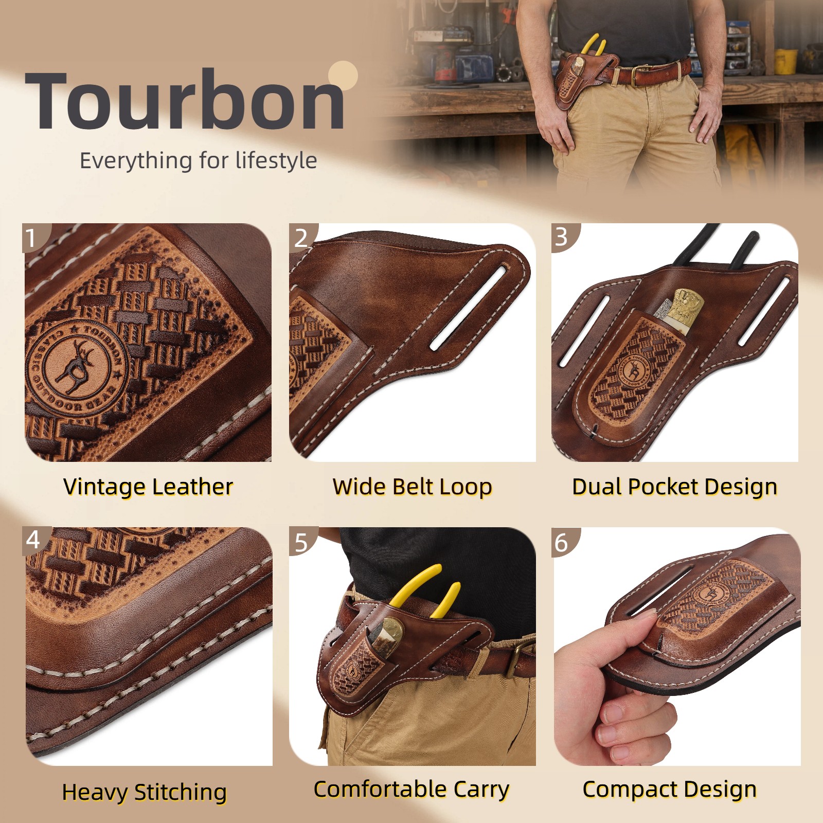 TOURBON Leather 2-in-1 Tool Pouch Folding Knife/Pliers Pocket Belt on Holster