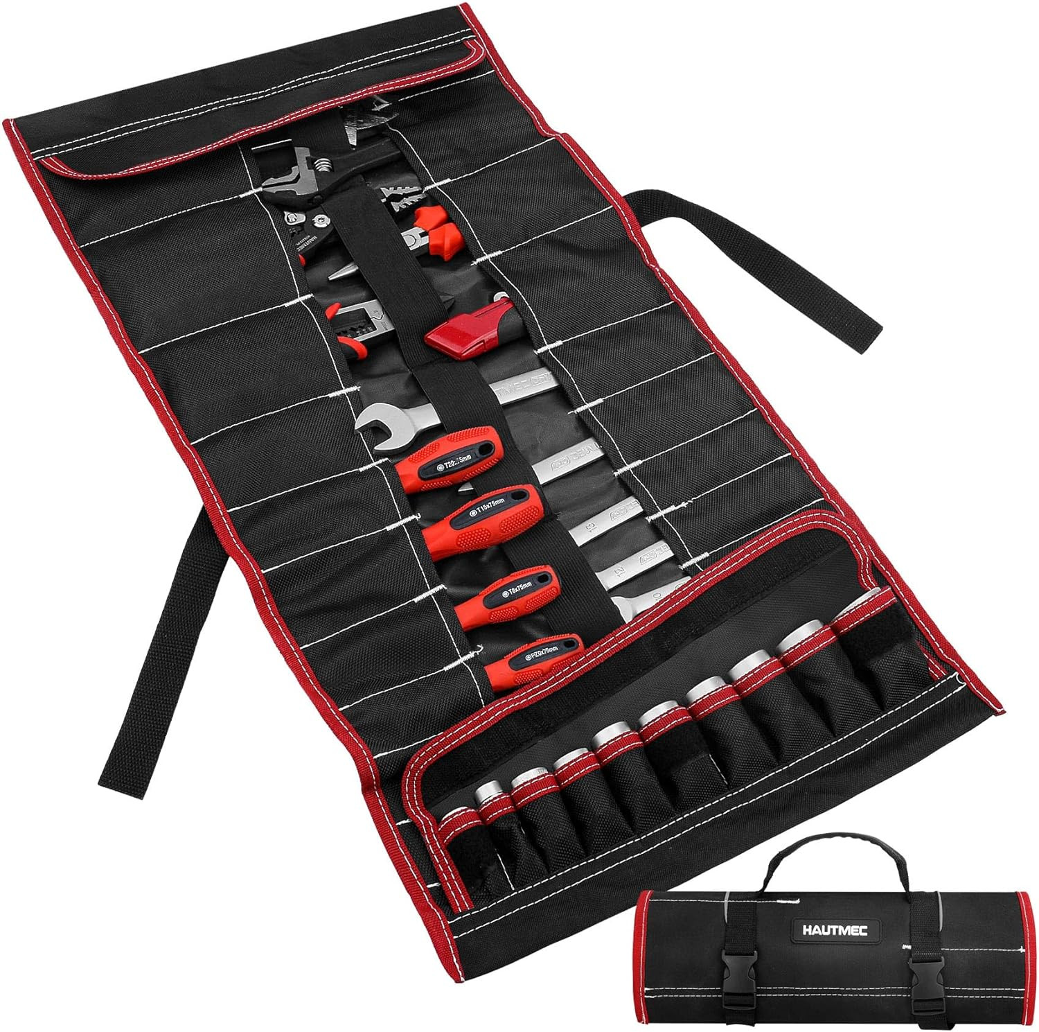 Black Tool Roll Organizer Bag Heavy Duty Water Resistant 600D Polyester