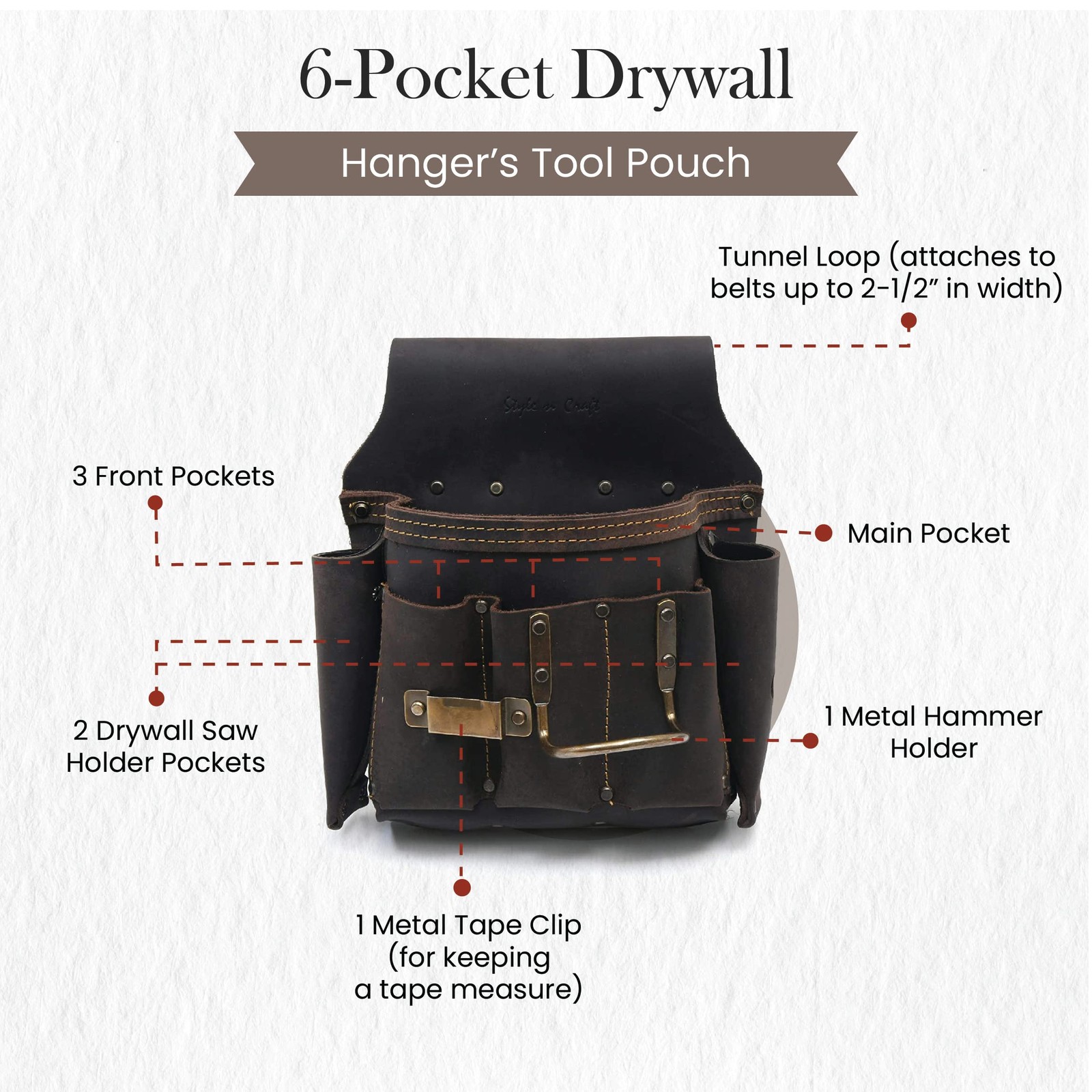 Style N Craft 70685-6 Pocket Drywall Hanger’s Tool Pouch in Oiled Grain Leather