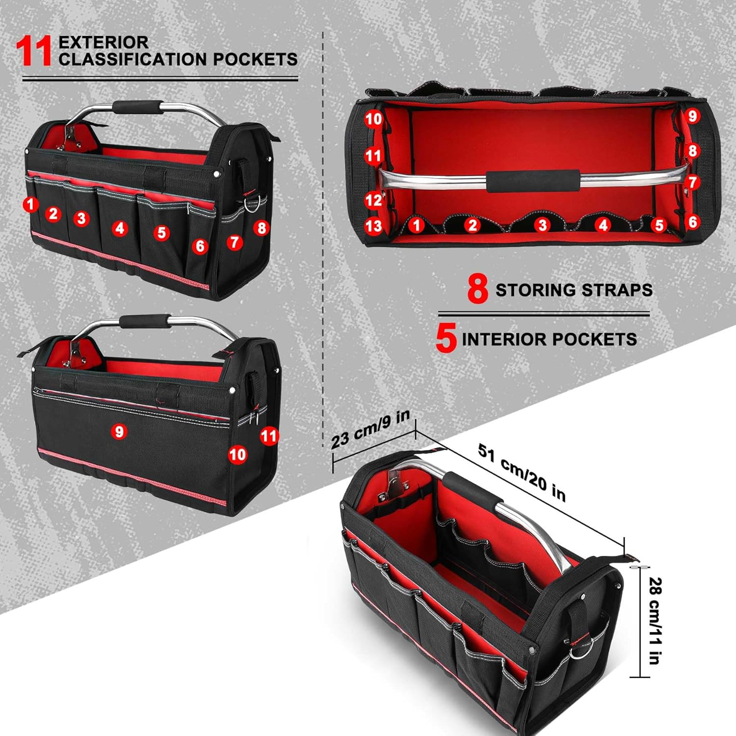 Heavy-Duty 20″ Tool Tote Bag with Waterproof Cover & Adjustable Strap