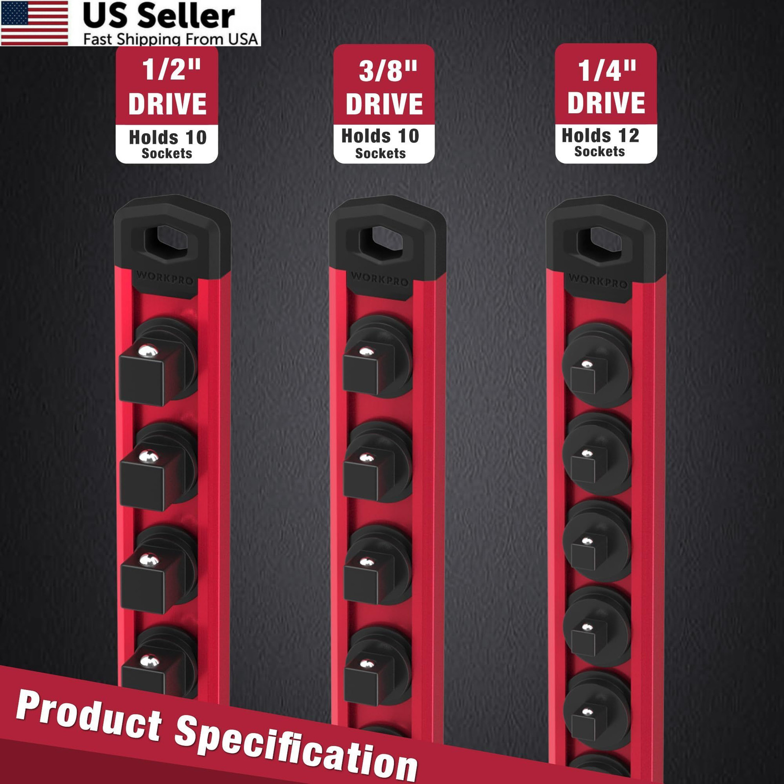 WORKPRO Magnetic Socket Organizer, 3/8-Inch Drive Aluminum Alloy 3/8″ DR, Red