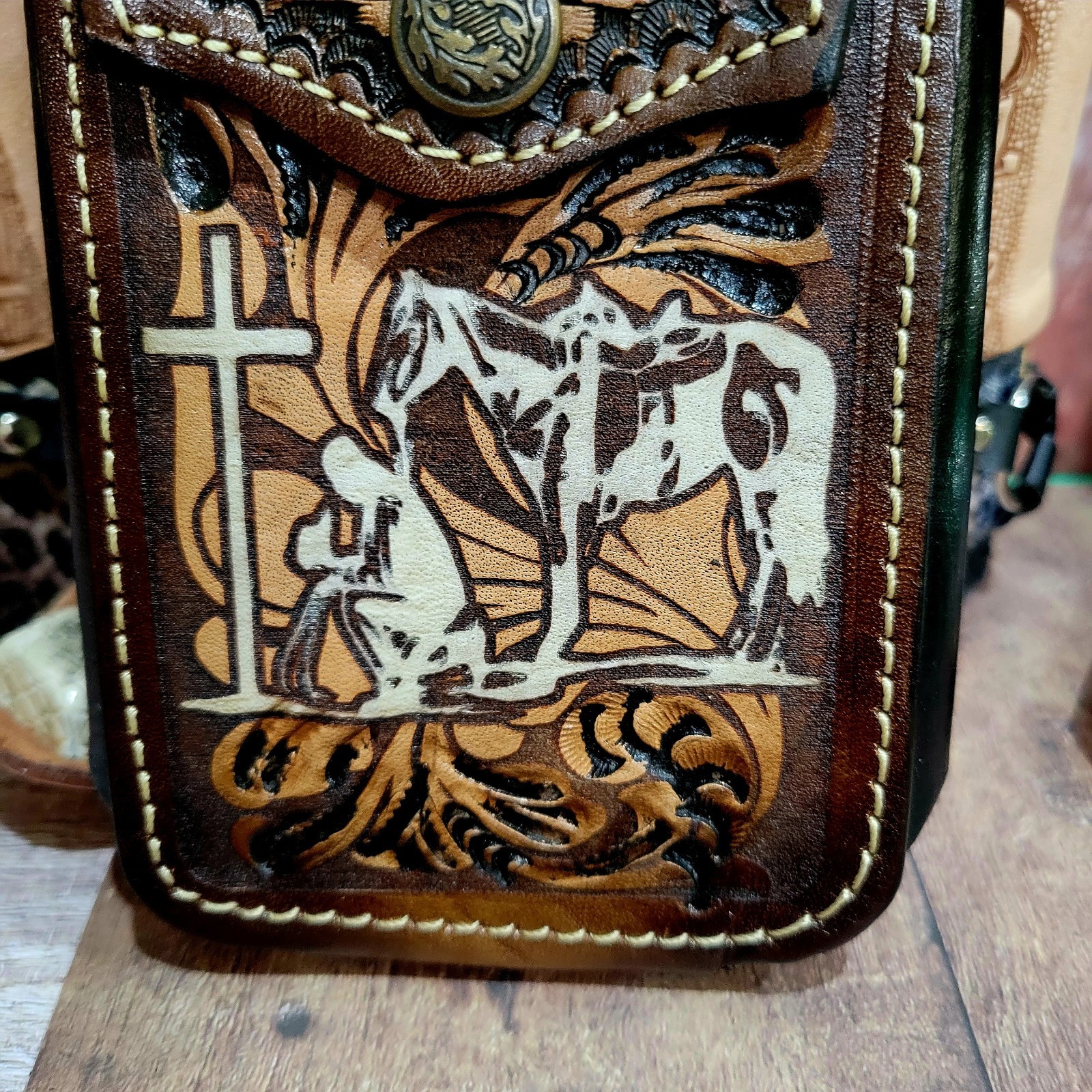 Praying Cowboy Western Leather Phone Holstor LARGE 7×4″ Snap Closure.