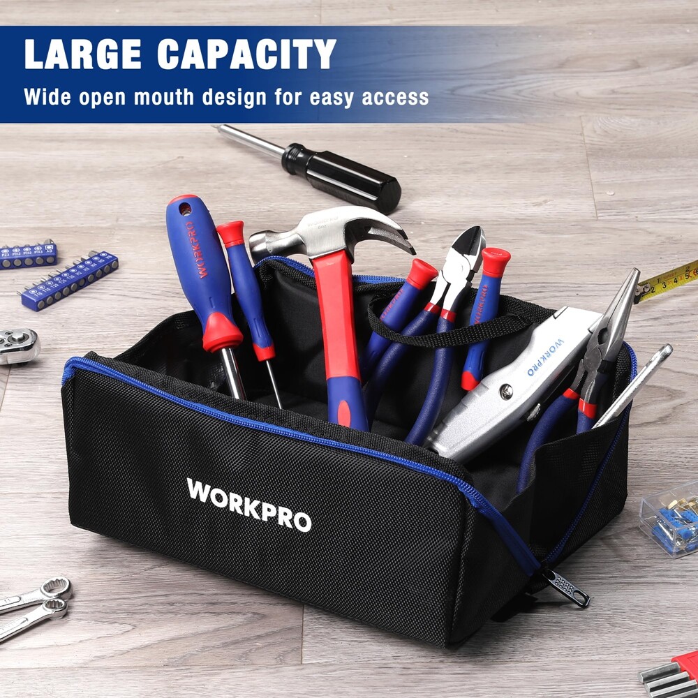 WORKPRO 10″ Wide Mouth Heavy Duty Tool Bag 3PCS Tool Storage Bag Zipper Tote Bag