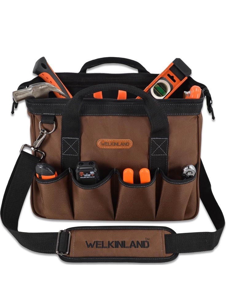 WELKINLAND 17-Pockets Brown 14” Tool Bag, With Shoulder Straps, New In Box