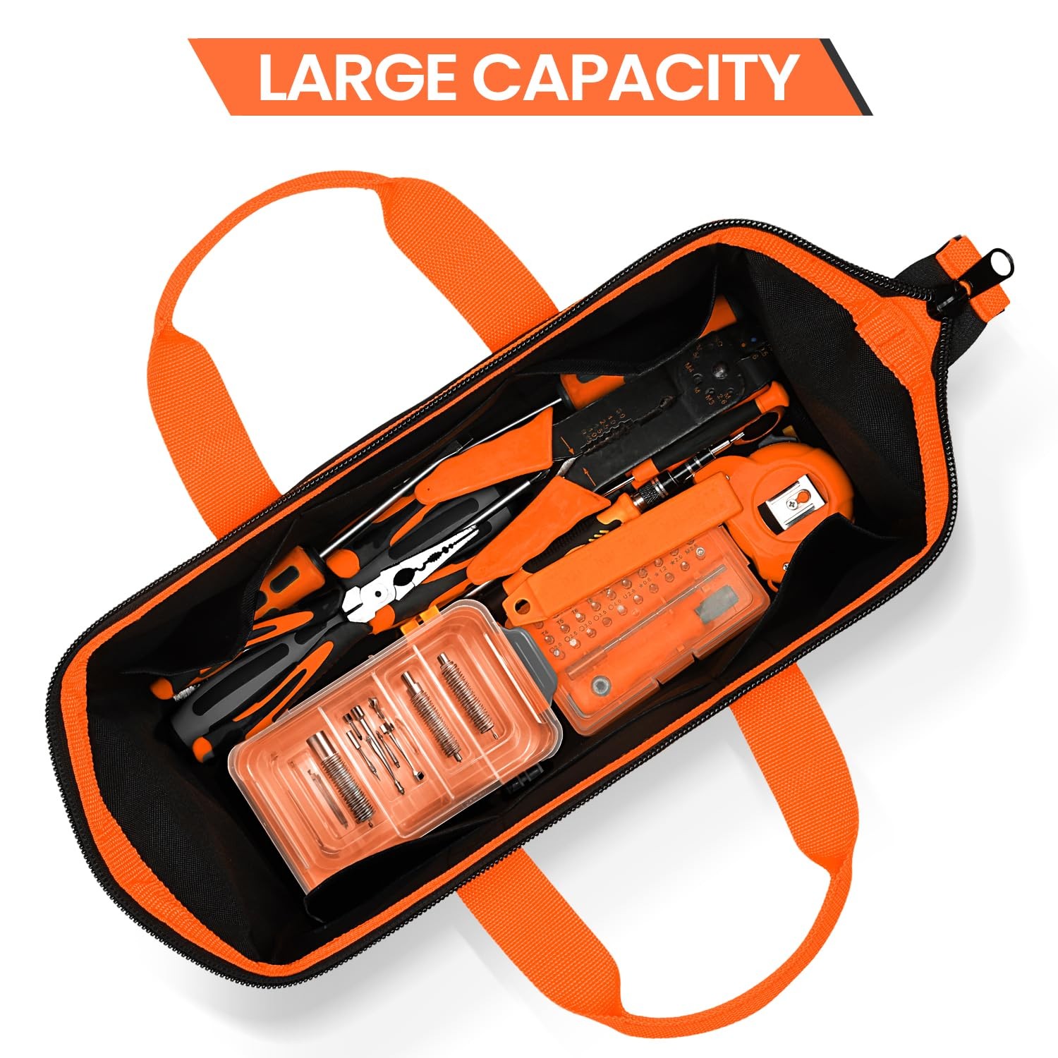 14 inch Tool Bag, Black, Orange, 600D Polyester, Heavy Duty Storage Organizer