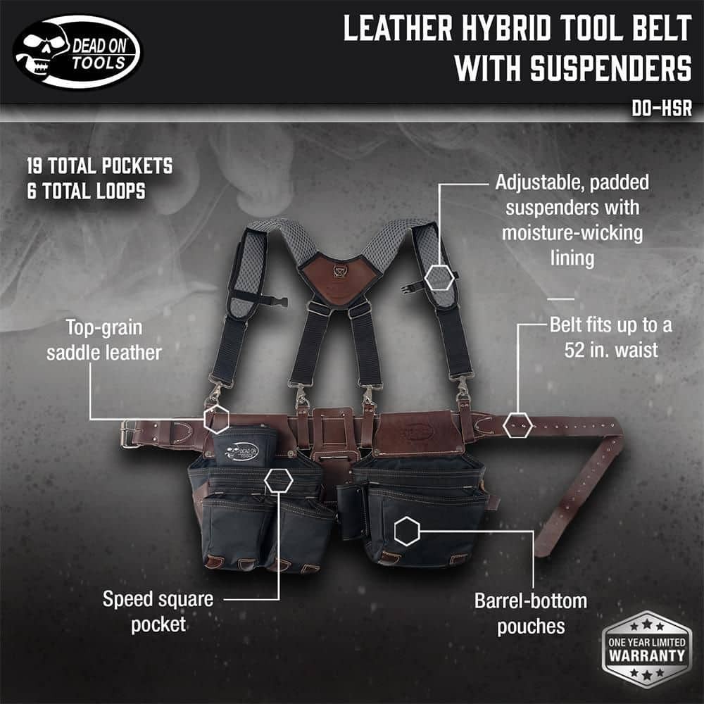 DEAD ON TOOLS Leather Hybrid Weather-Resistant Tool Belt w/ Suspenders in Black