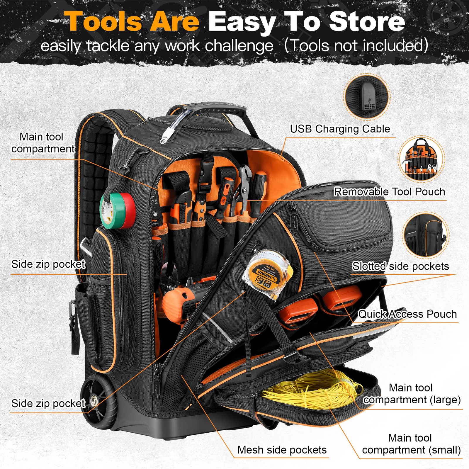 Large Tool Backpack Bag with Wheels, Combination Lock, USB Port, Molded Base