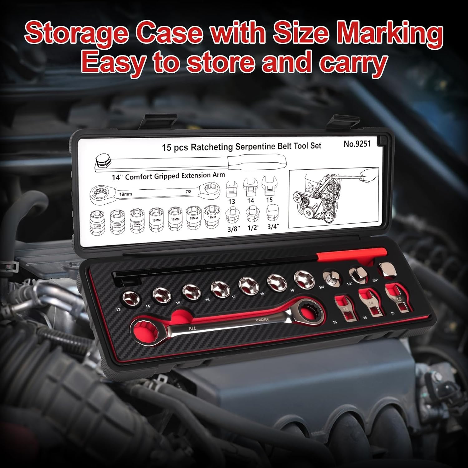 15PCS Serpentine Belt Tool Set, Professional Ratcheting Serpentine Belt Tensione