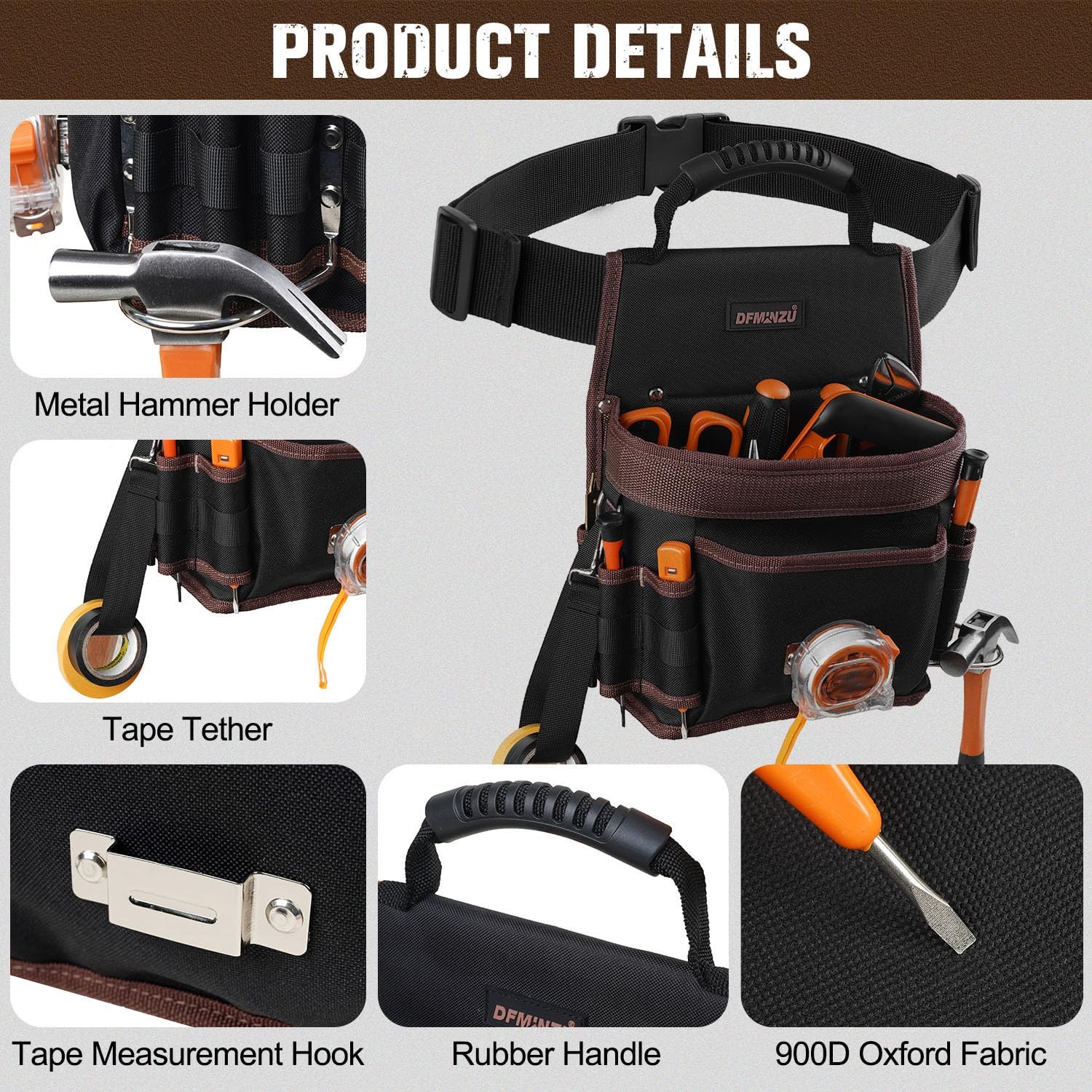 Electrician Tool Pouch, 10 Pockets Tool Belt Pouches with Hammer Holder, Adju…