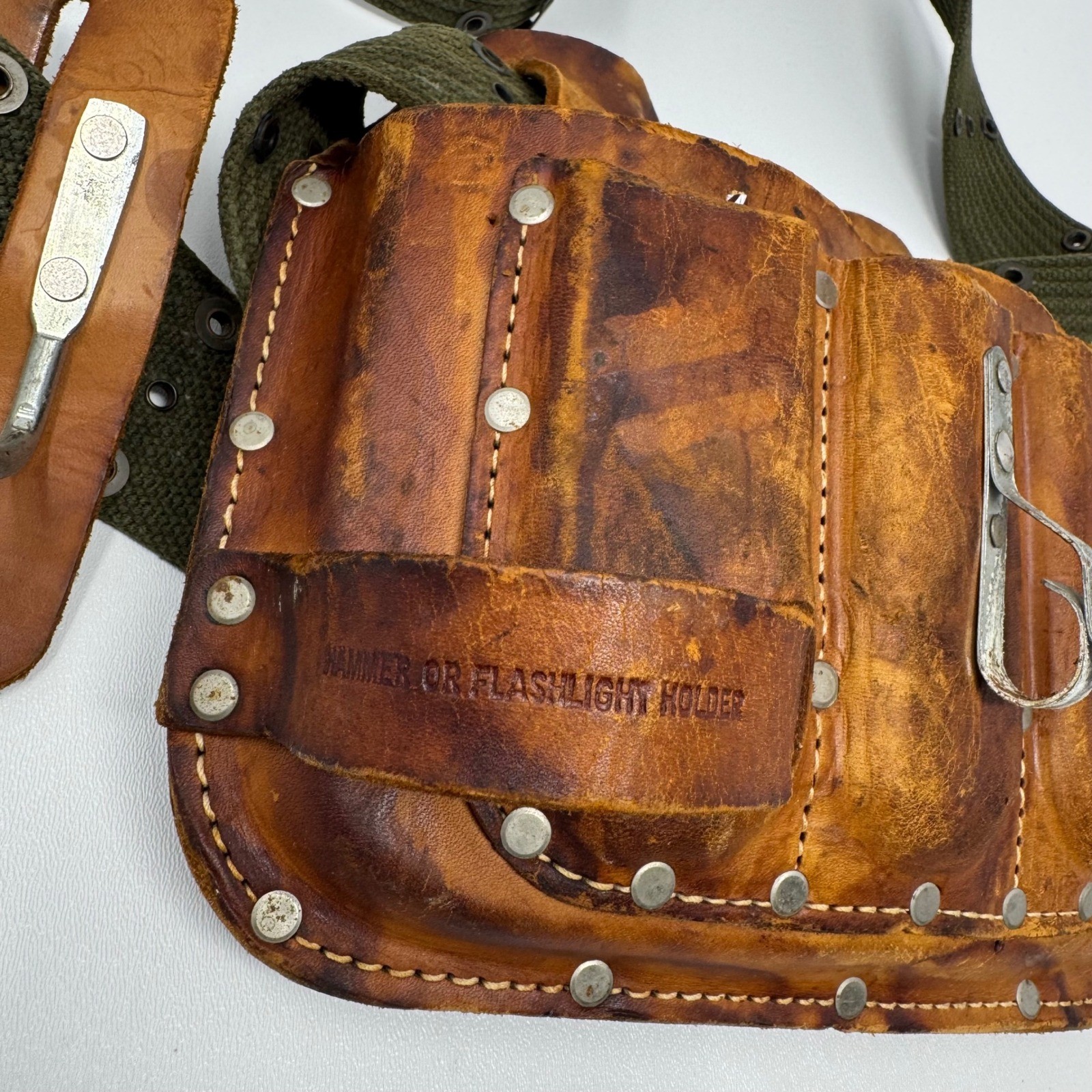 Popular Mechanics Vintage Leather Tool Belt Hammer Flashlight Holder Canvas Belt