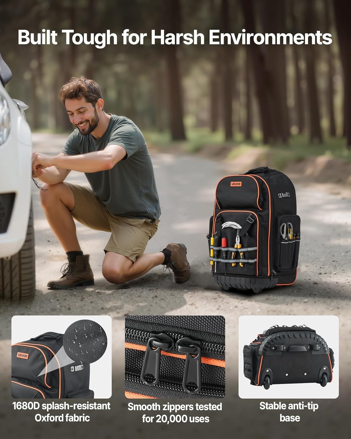 Professional Heavy Duty Tool Backpack with Wheels – 110 lbs Capacity, 72 Pockets