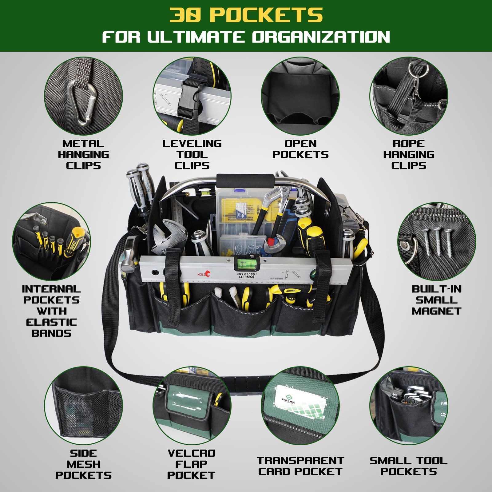 18 Inch Open Top Tool Bag 30 Pockets 1680D Waterproof Foldable Carrier Green