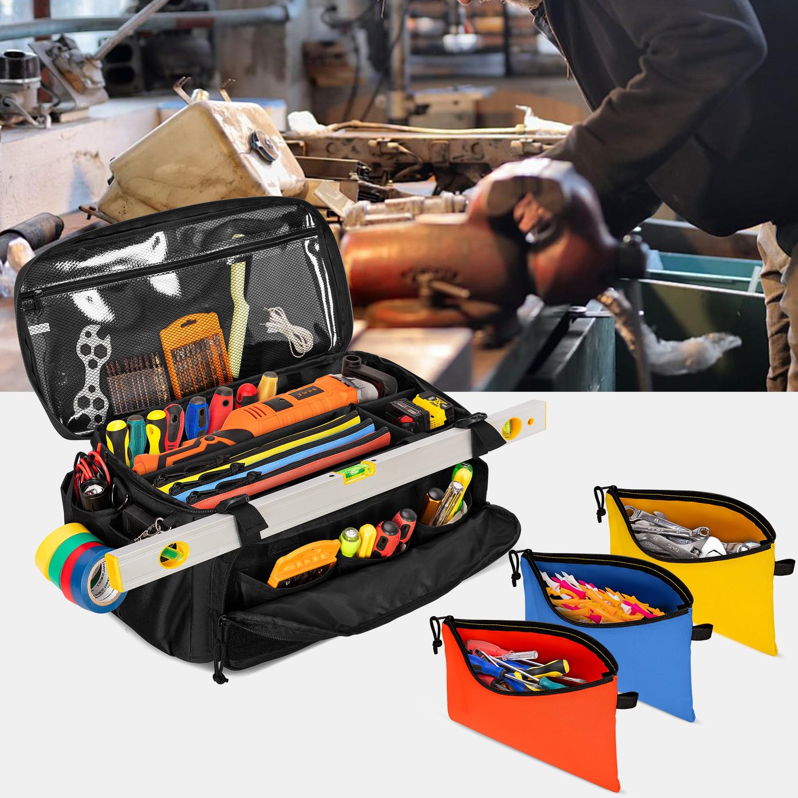 17-Inch Tool Bag with 3 Tool Pouches, Tool Storage Organizer Bag with Anti-fr…