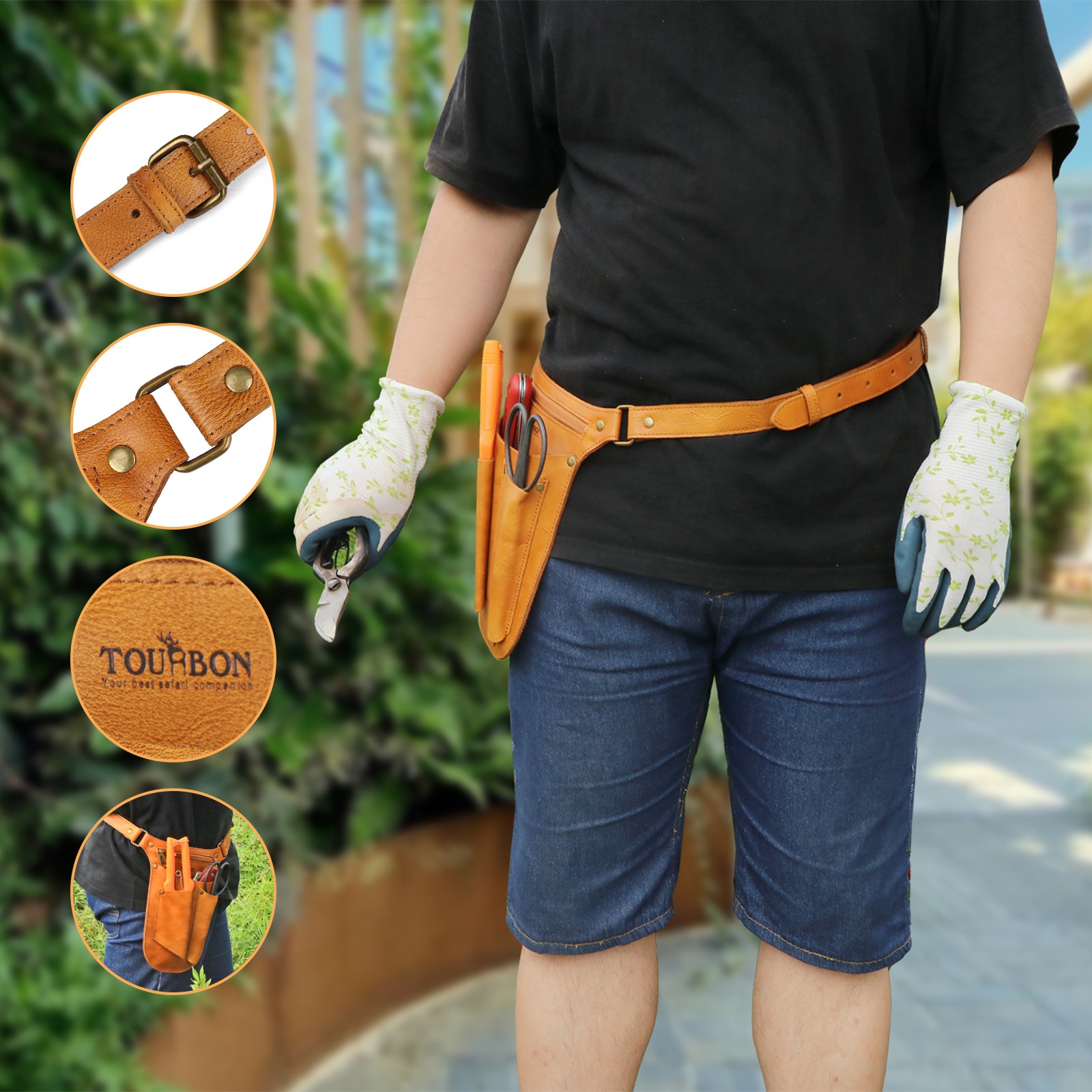 TOURBON Leather Gardening Belt Florist Bag Organizer Phone Case Gift for Her