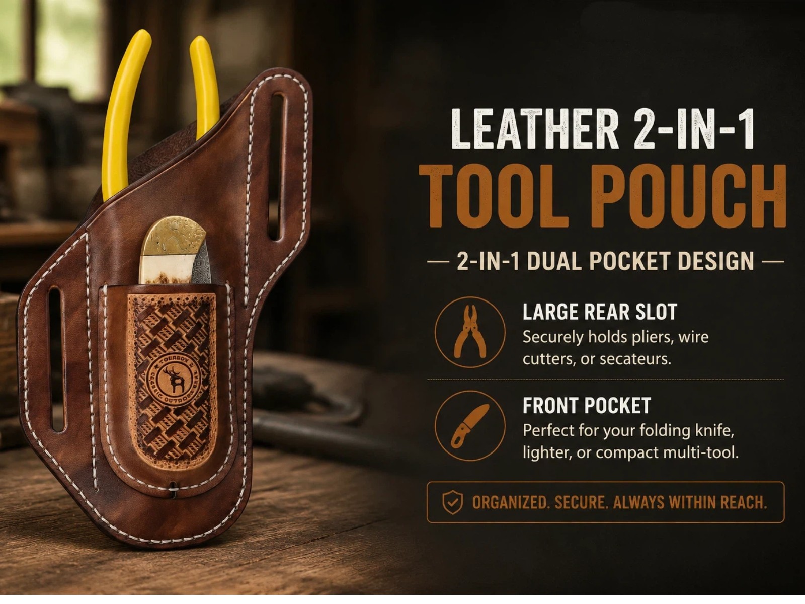 TOURBON 2-in-1 Leather Tool Pouch Angled Cross Draw Folding Knife Pliers Holster
